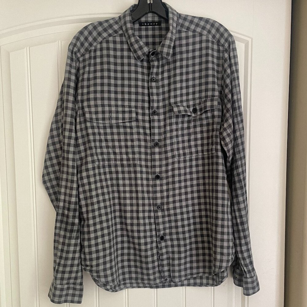 Theory Gray Plaid 100% Cotton Shirt – Size L – Minor Repair Needed